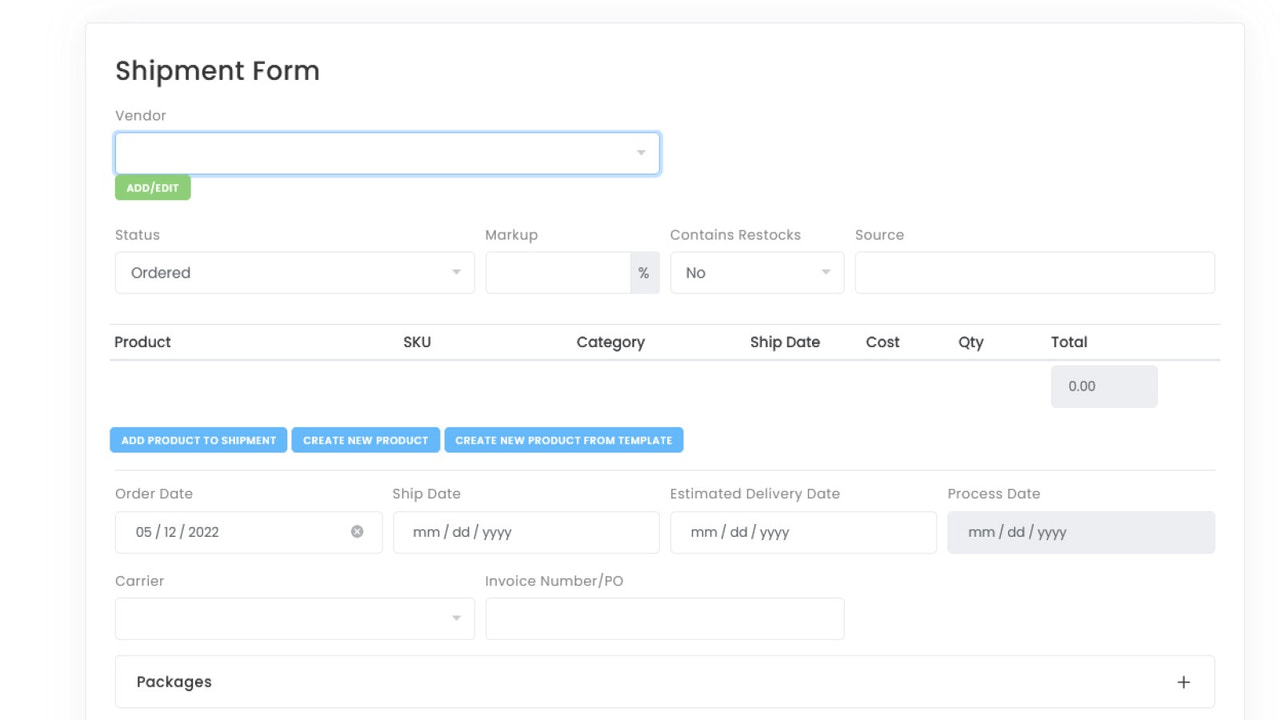 MyShipManager Create Shipment screen