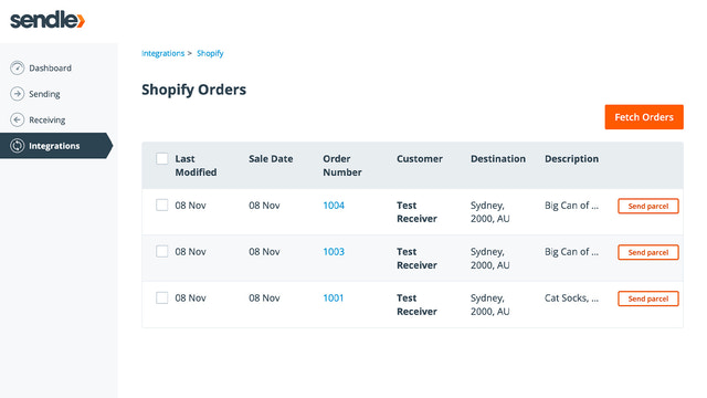 截图显示Sendle上的Shopify集成页面。