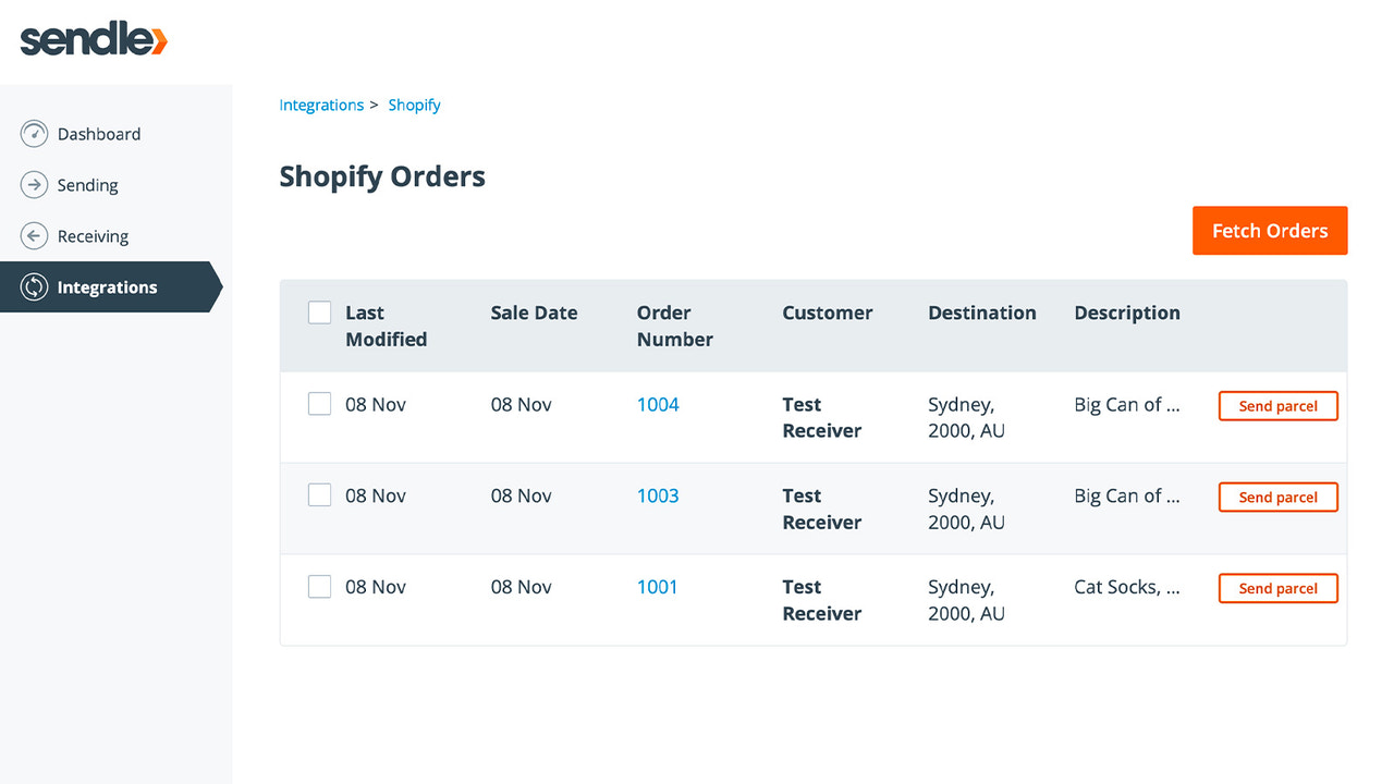 Skärmdump som visar Shopify-integrationssidan på Sendle.