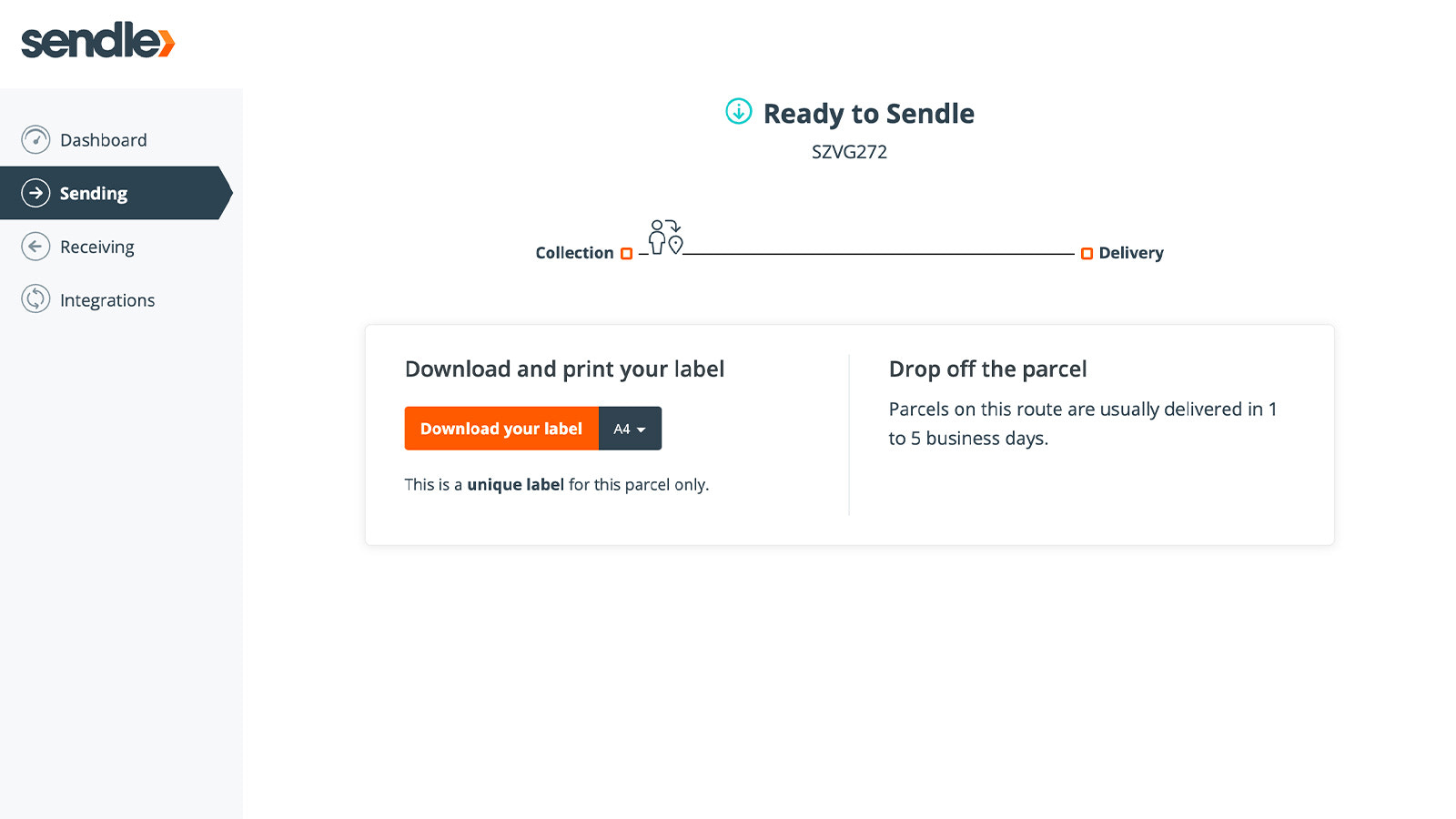 Captura de pantalla mostrando la página de seguimiento de pedidos de Sendle.