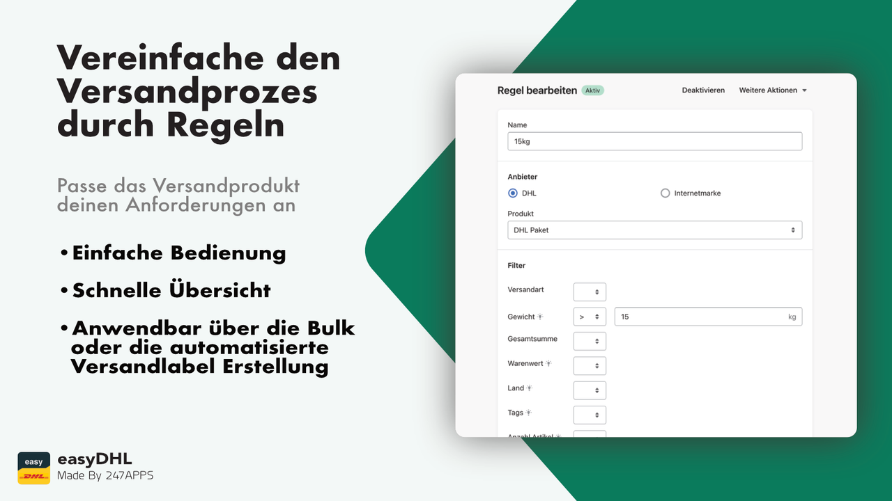 DHL Versandlabel Erstellung regelbasiert in Shopify