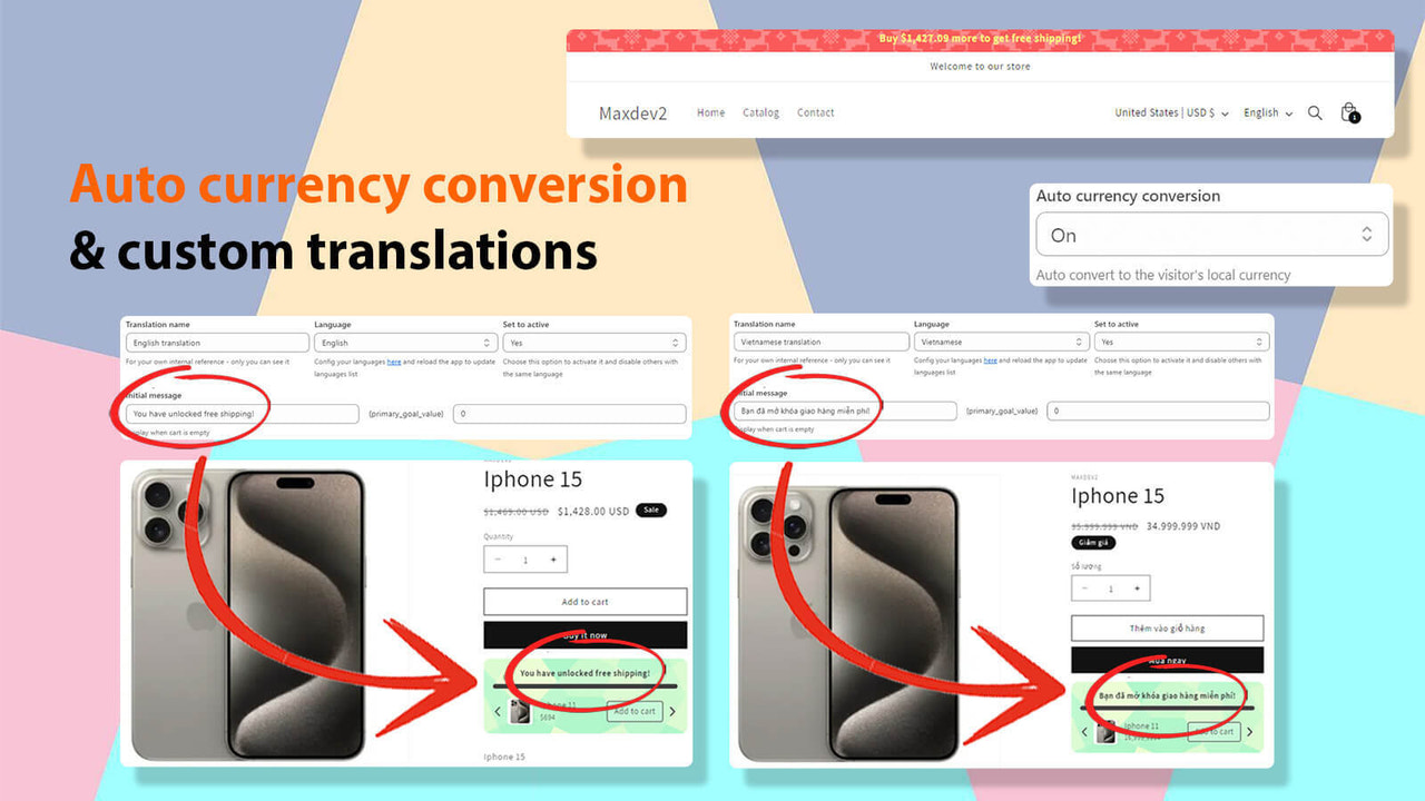 conversión automática de moneda y traducciones personalizadas
