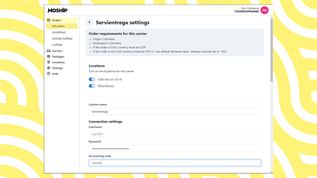 Moshipping configuracion servientrega