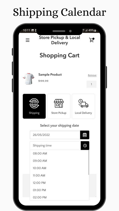 Delivery date picker that allows user to pick up a shipping date