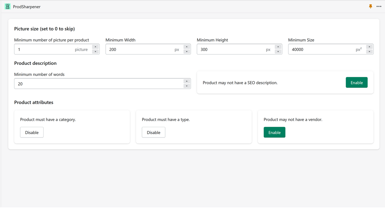 Settings page