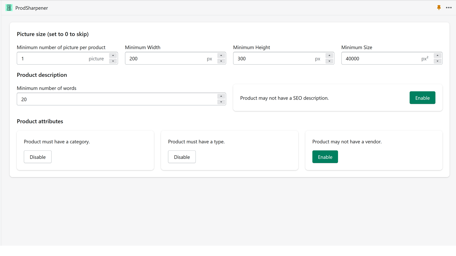 Settings page