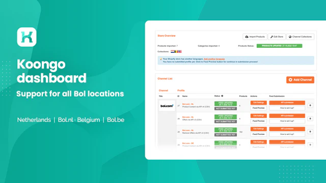 Koongo account dashboard, Bol, verkoop, nl, be