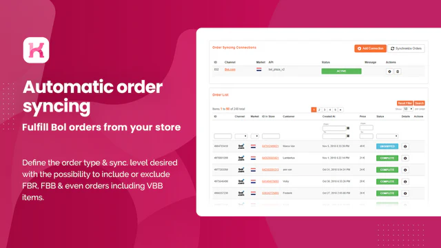 Koongo Bol order management, sync. level, FBB, FBR, VVB