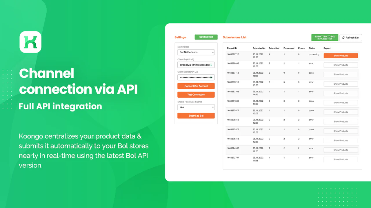 Koongo Bol API integration, v7, latest, smooth connnection