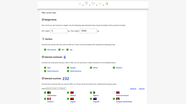 Filtre as tarifas de envio por países, continentes ou transportadoras