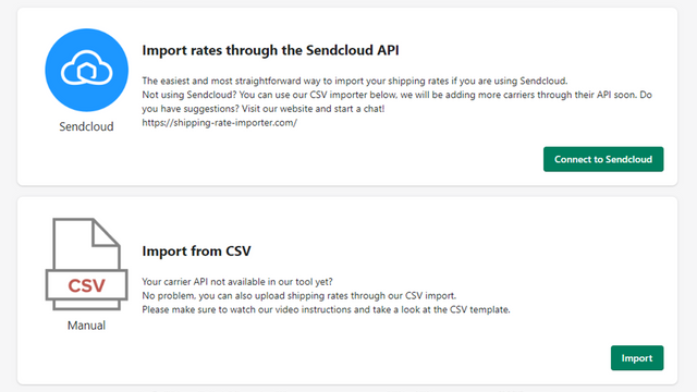 Opciones de importación, API o CSV