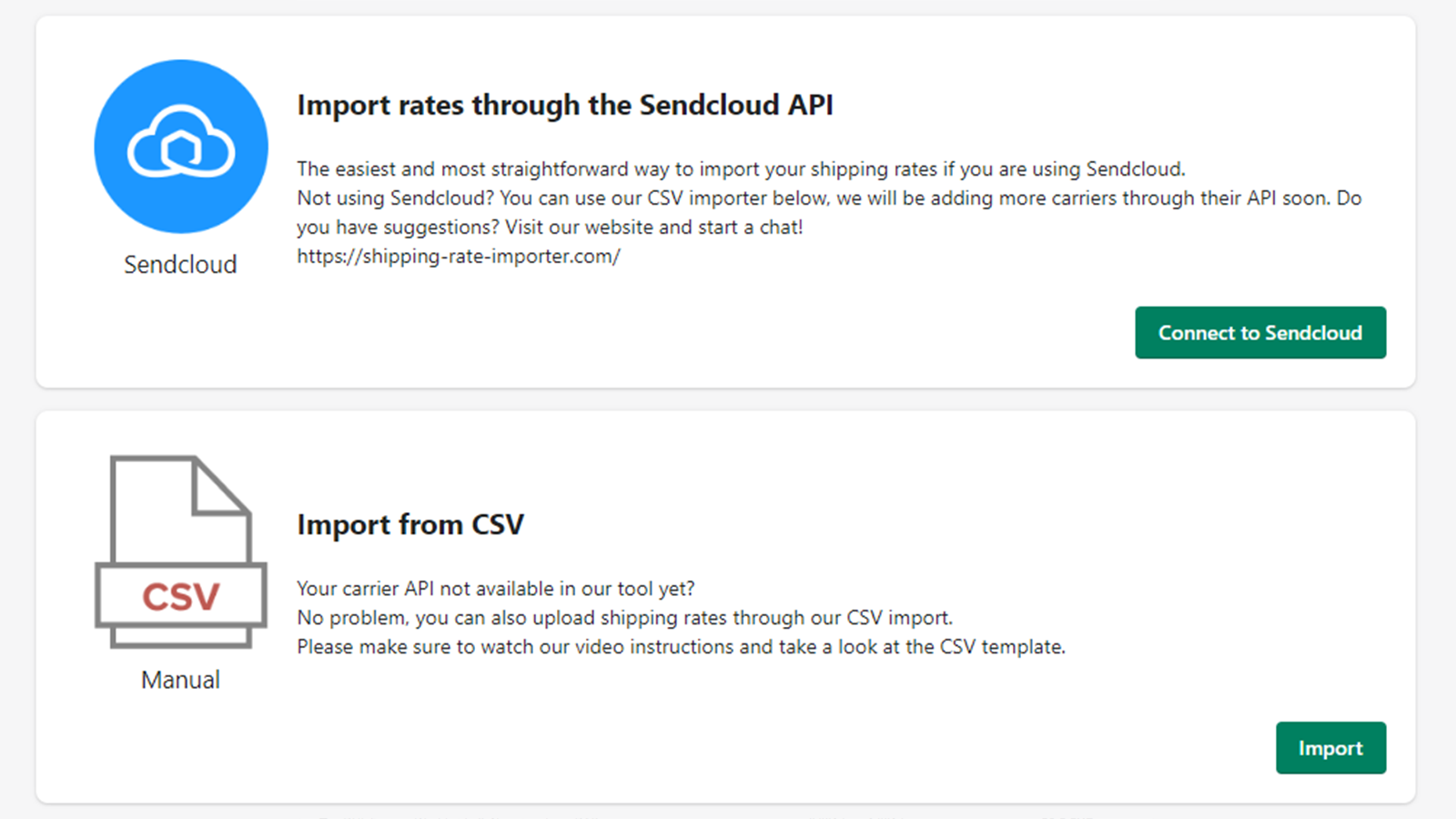 Opções de importação, API ou CSV