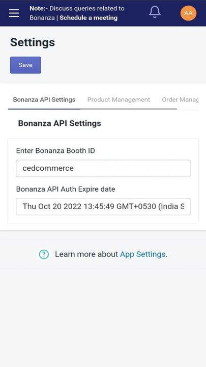 seção de configuração da API no app, Shopify Plus