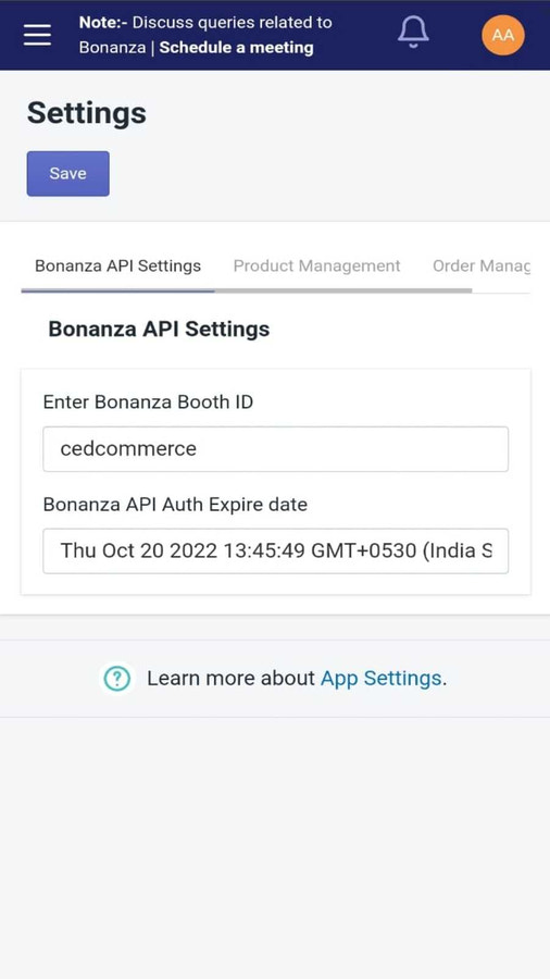 sección de configuración de API en la aplicación, Shopify Plus