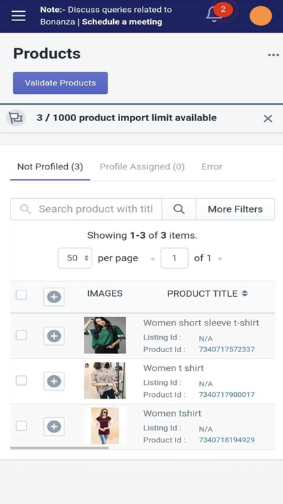 Listado de productos en la aplicación