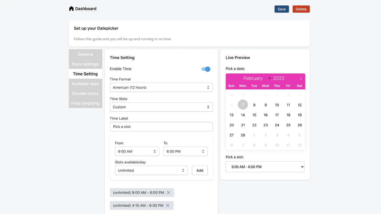 Seletor de Data - Configuração de intervalos de tempo e data de entrega