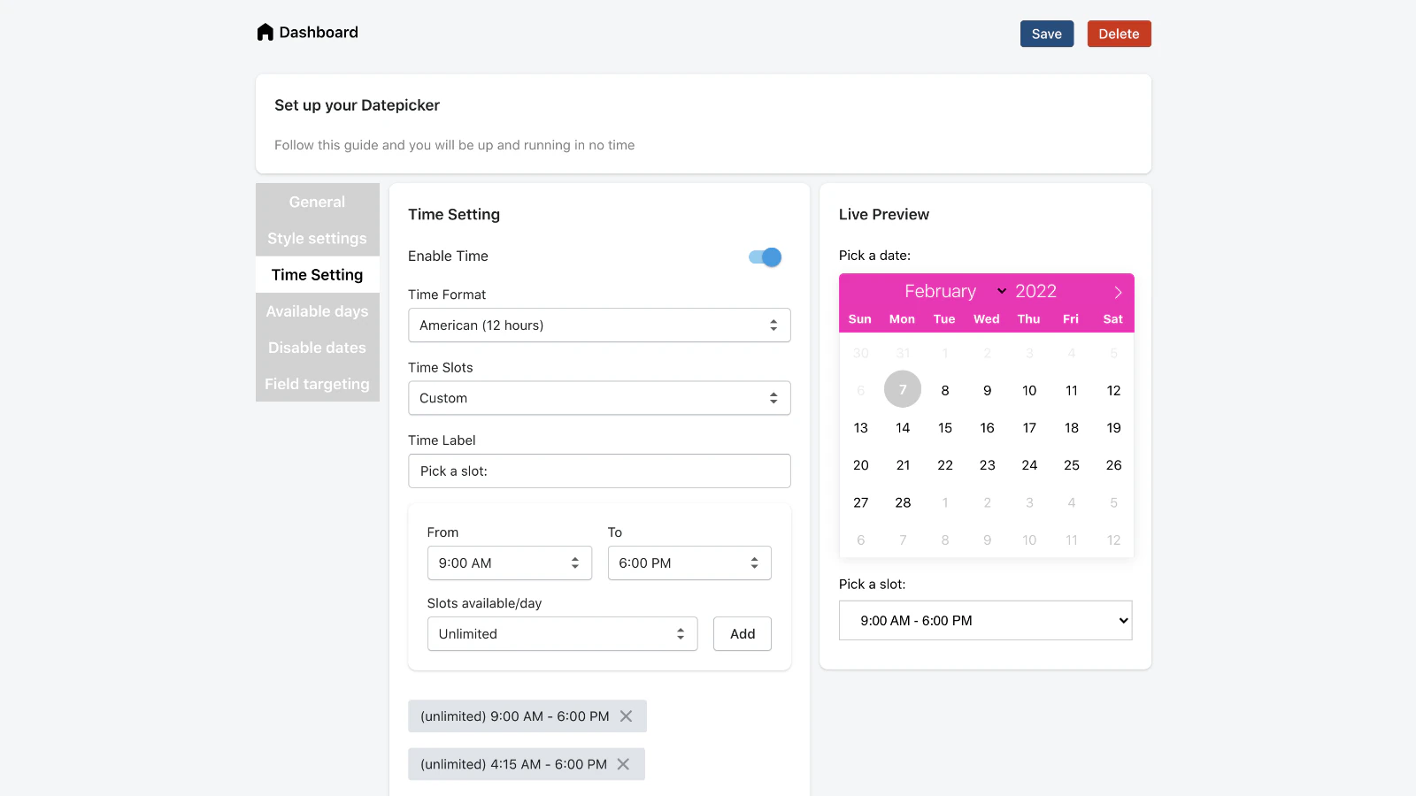 Selector de Fecha - Configuración de franjas horarias y fecha de entrega