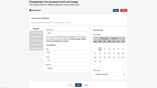 Selector de Fecha - Vista de configuración