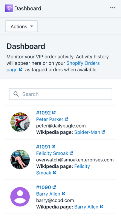 Dashboard of VIP orders - mobile view