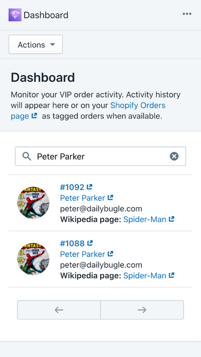 Dashboard of VIP orders search