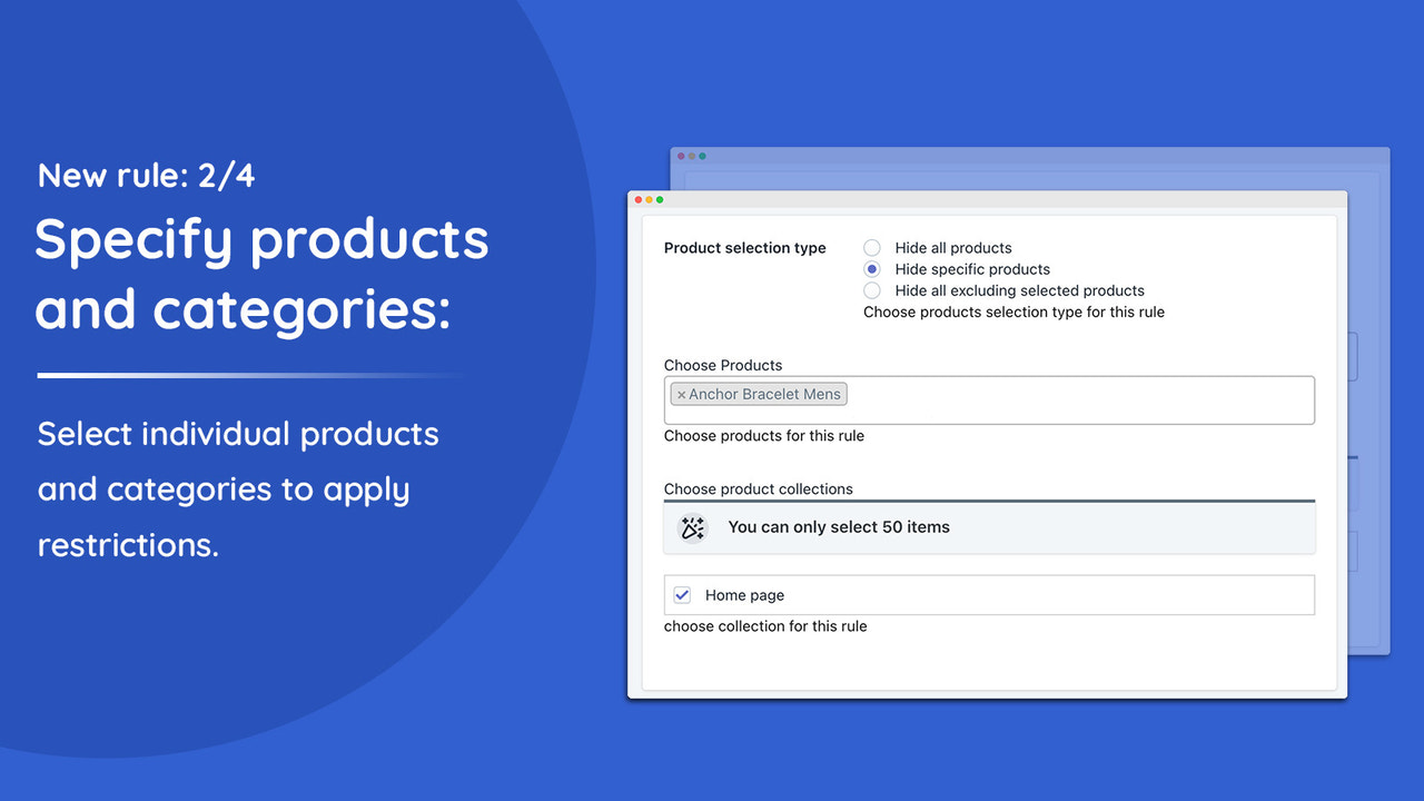 Especifica productos y categorías para restricciones