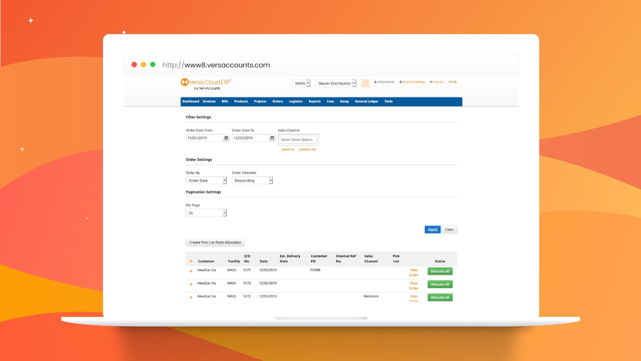 Liste des commandes de vente Versa Cloud ERP