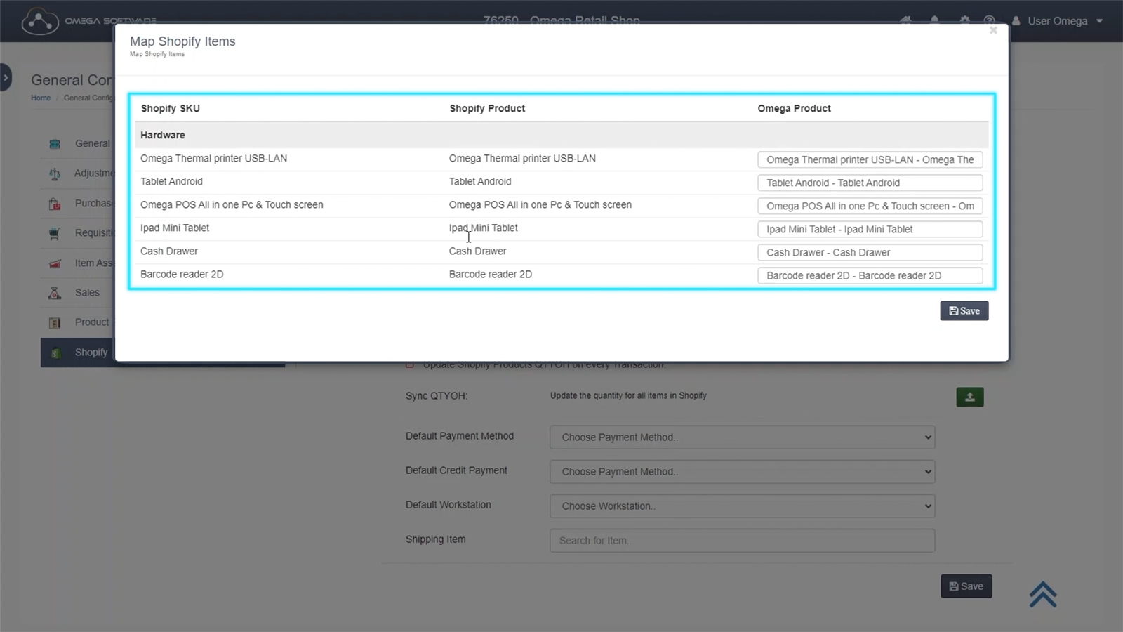 Items mapping between Omega and Shopify