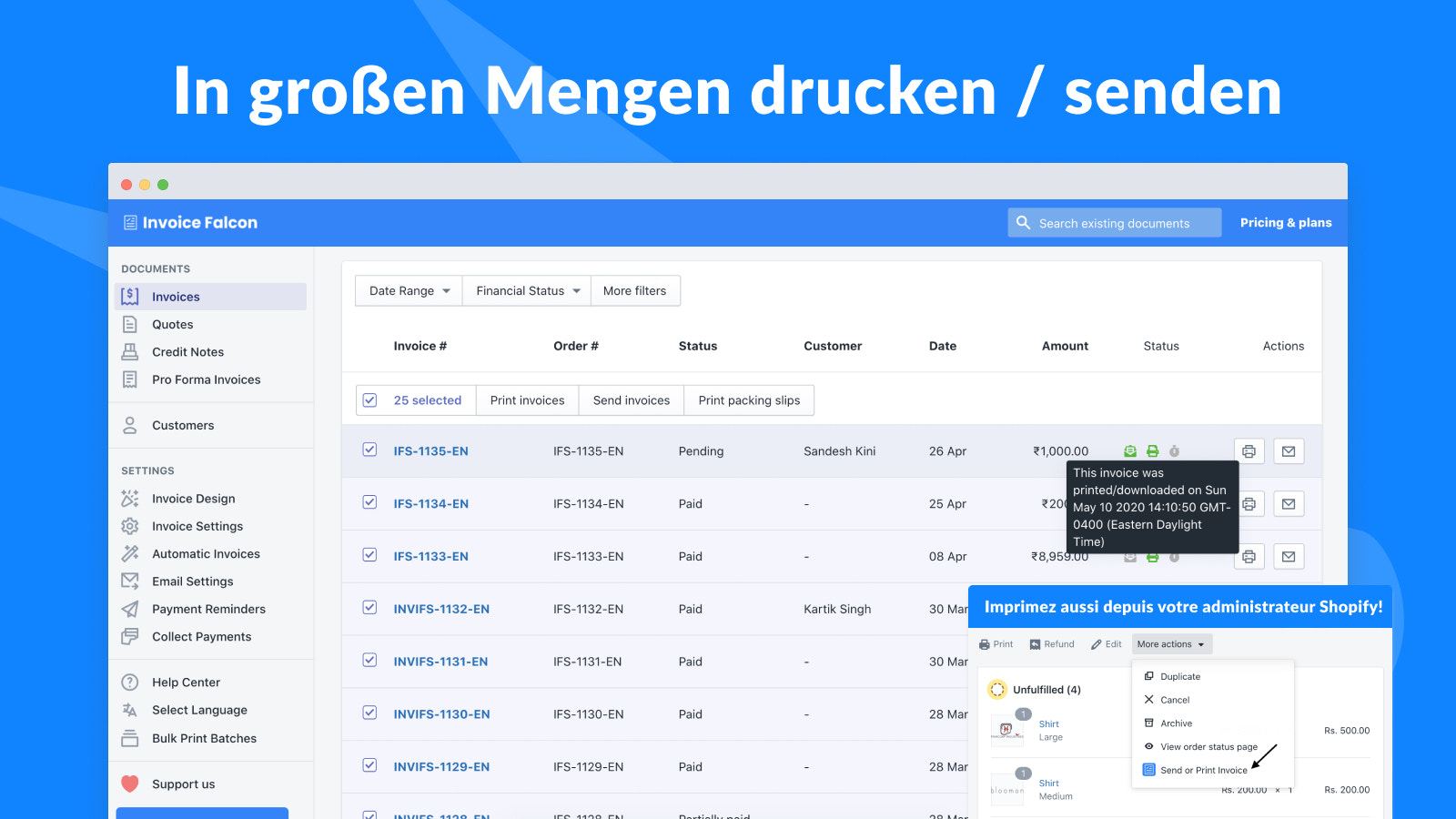 Rechnungen in großen Mengen drucken / senden