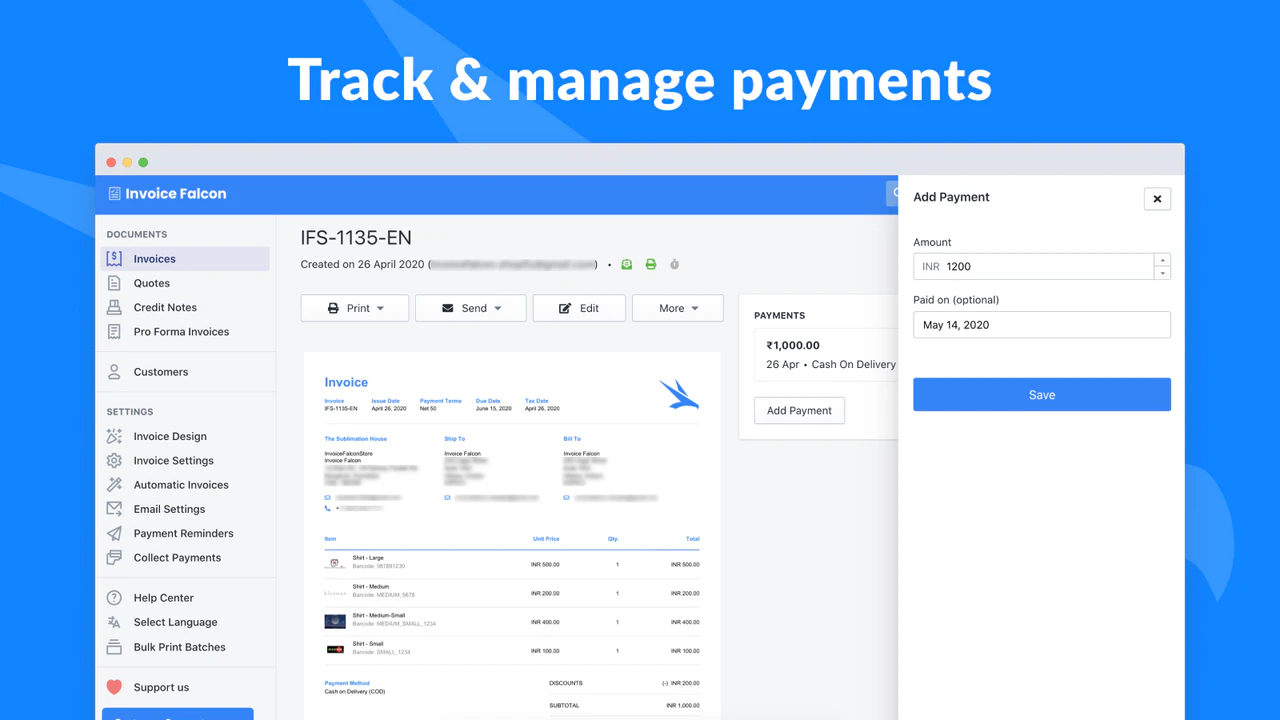 Track & manage payments for invoices