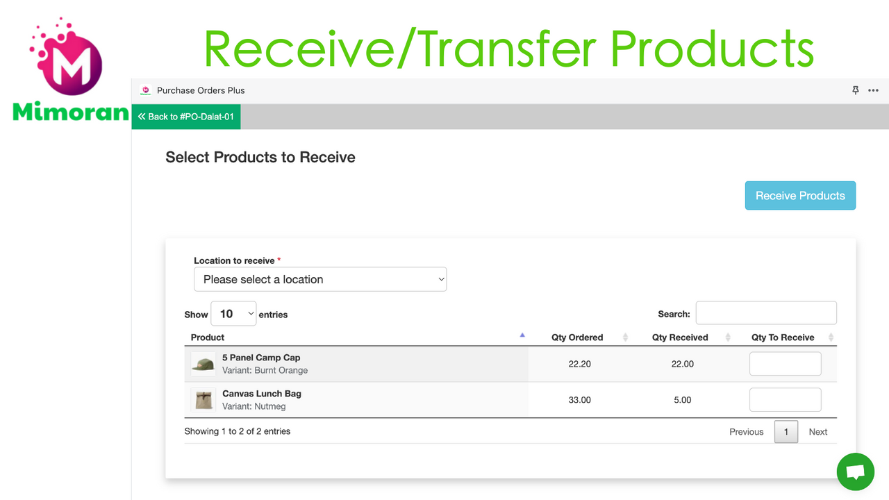 Receive/Transfer Products from Purchase Order (PO)