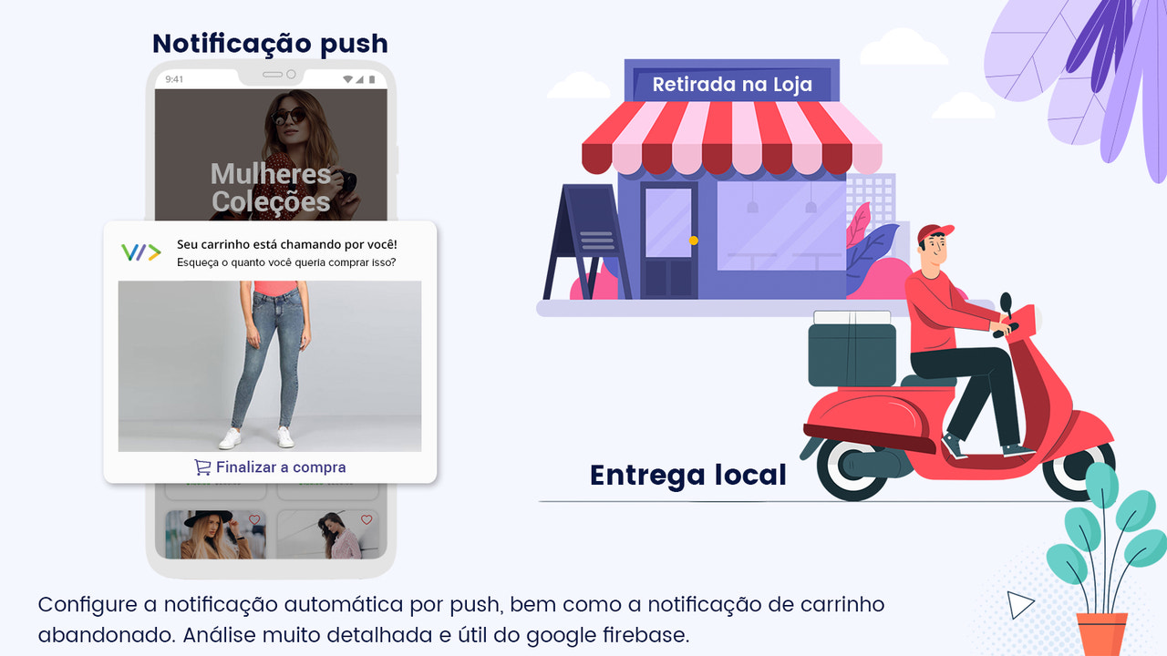 Notificação push, entrega local e retirada na loja