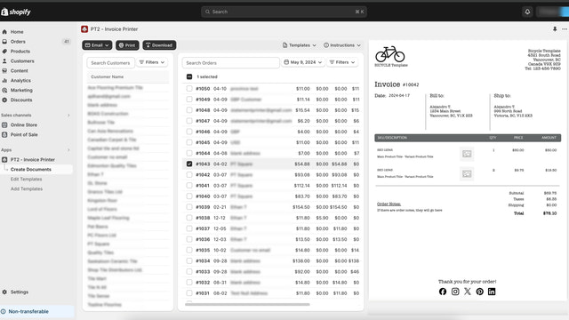 PT2 Invoice Printer no Shopify Admin - página de criação de documento