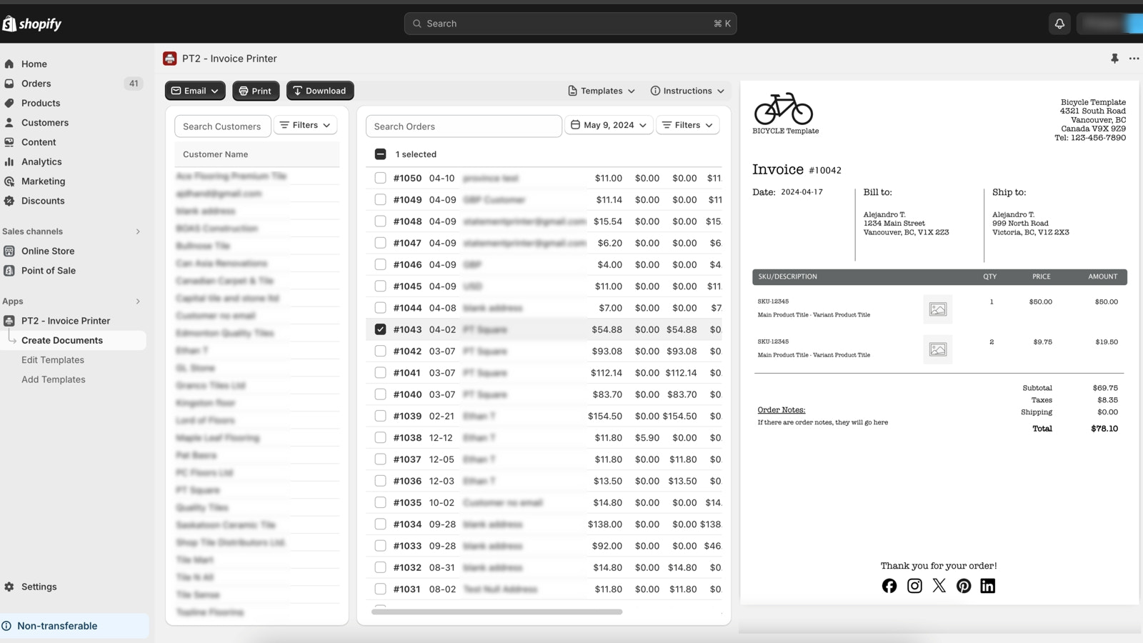 PT2 Invoice Printer en Shopify Admin - página de creación de documento