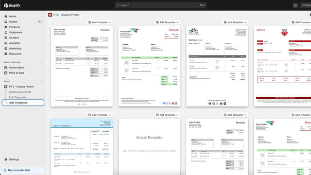 PT2 Invoice Printer en Shopify Admin - página de agregar plantillas