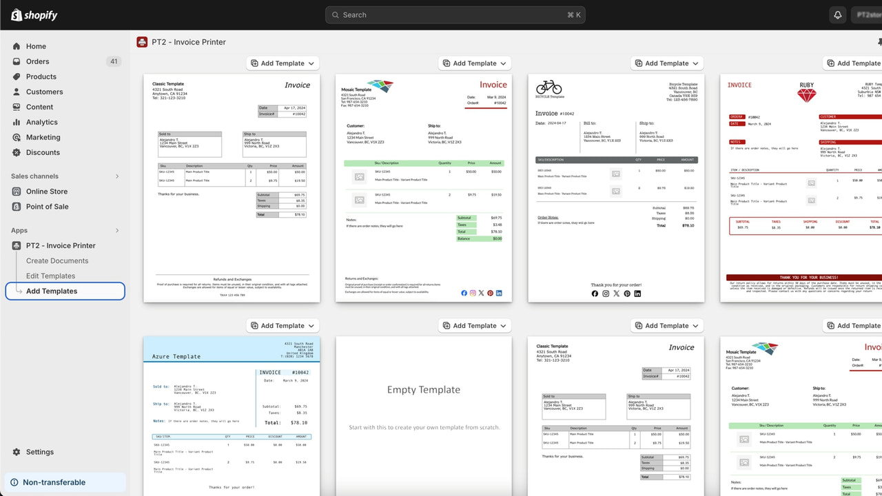 PT2 Invoice Printer no Shopify Admin - página de adição de modelos