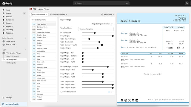 PT2 Invoice Printer dans Shopify Admin - page de modification de modèle