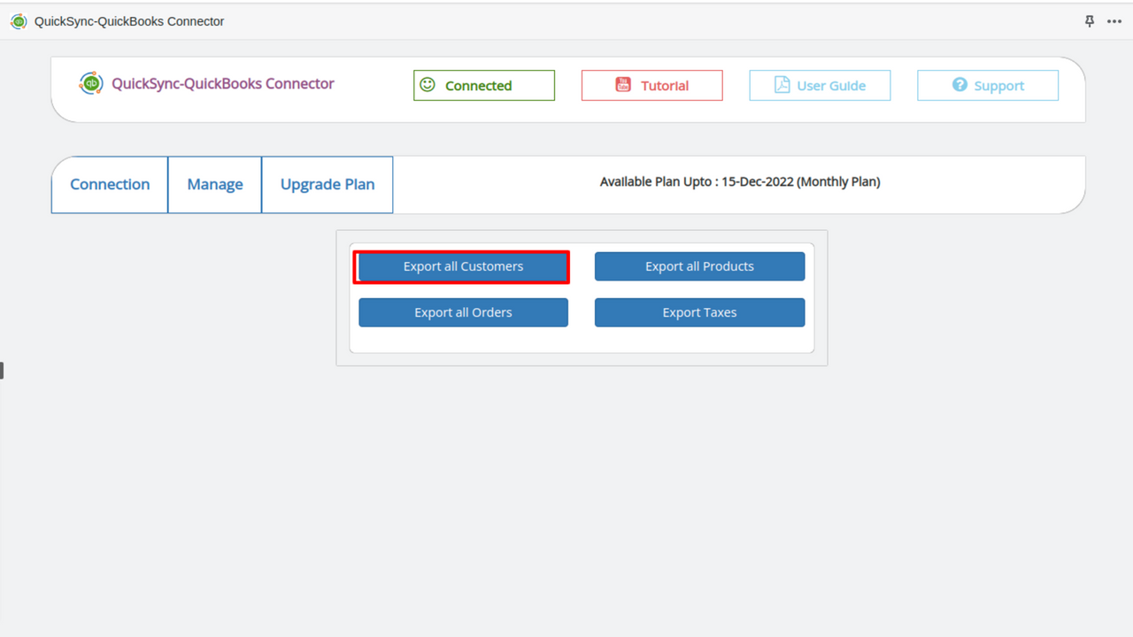 Page d'exportation des clients 