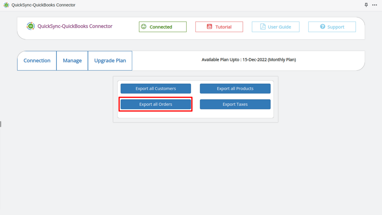 Page d'exportation des commandes 