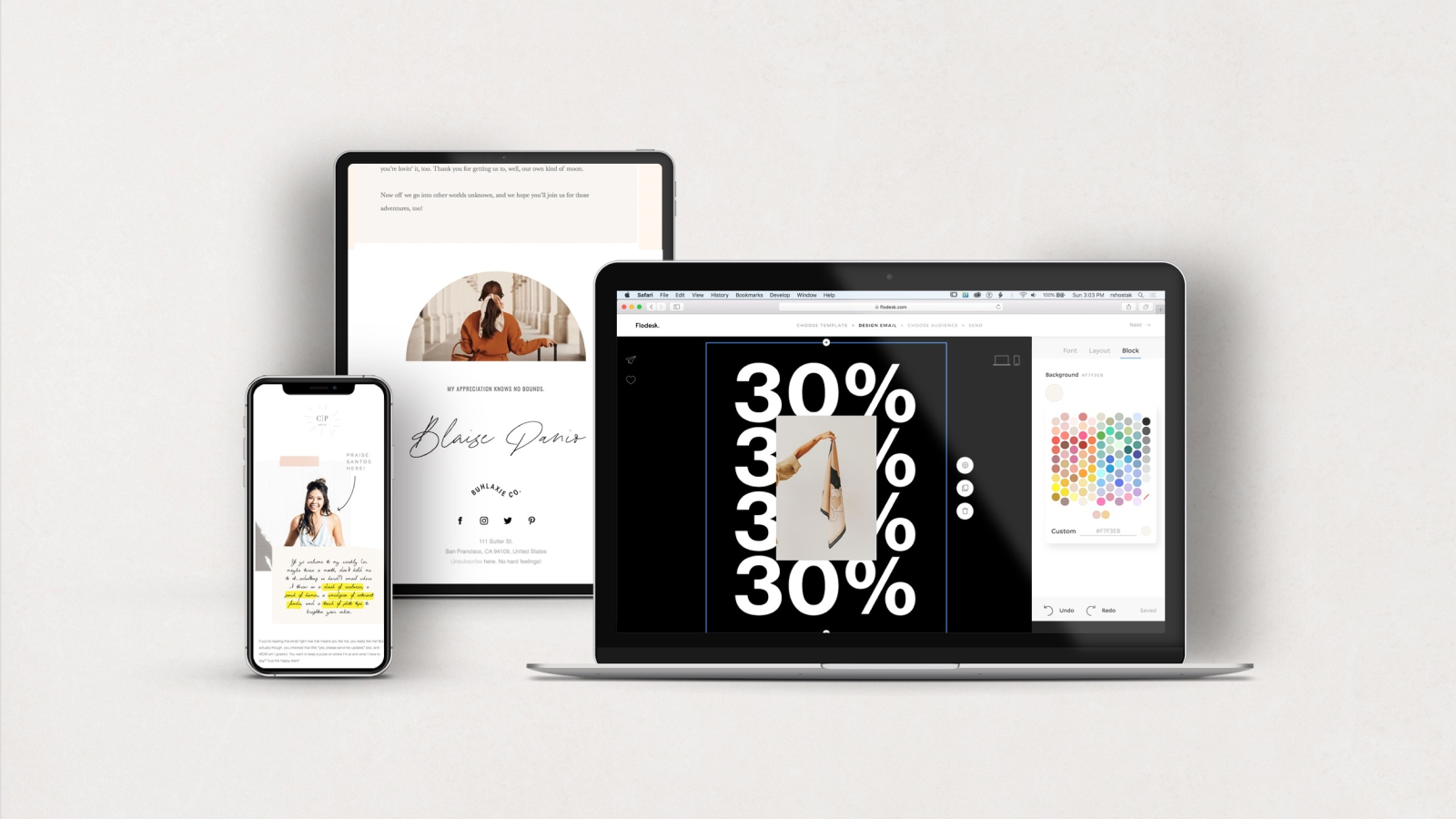 Flodesk email templates on mobile, tablet, and desktop.