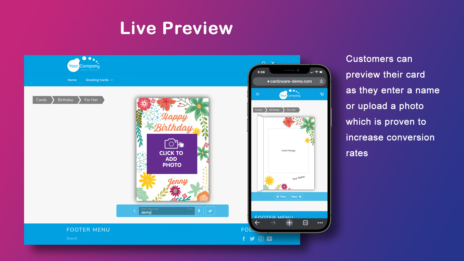 live preview of cards as customers personalise