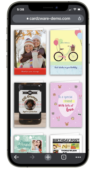 Greeting card designs on mobile view