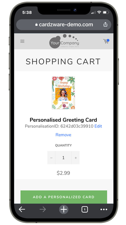 view of adding a greeting card via the cart