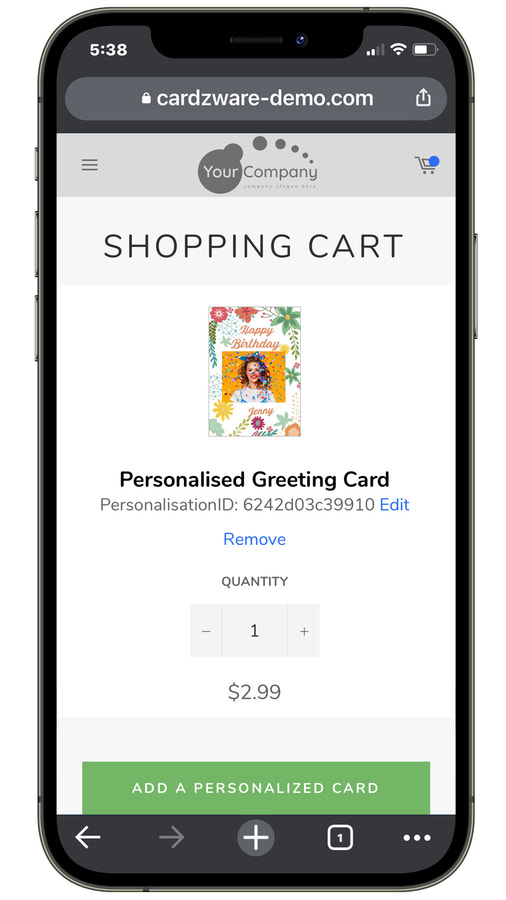 view of adding a greeting card via the cart
