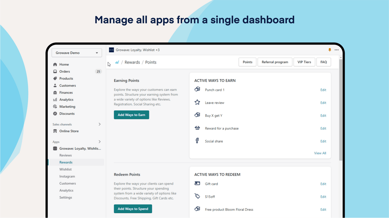 Manage all apps from one dashboard in Growave's admin panel