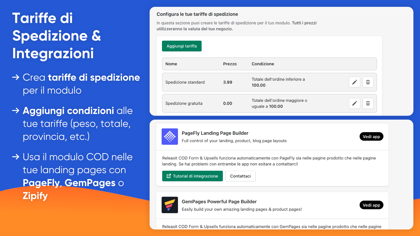 Tariffe di spedizione e integrazioni sul modulo COD