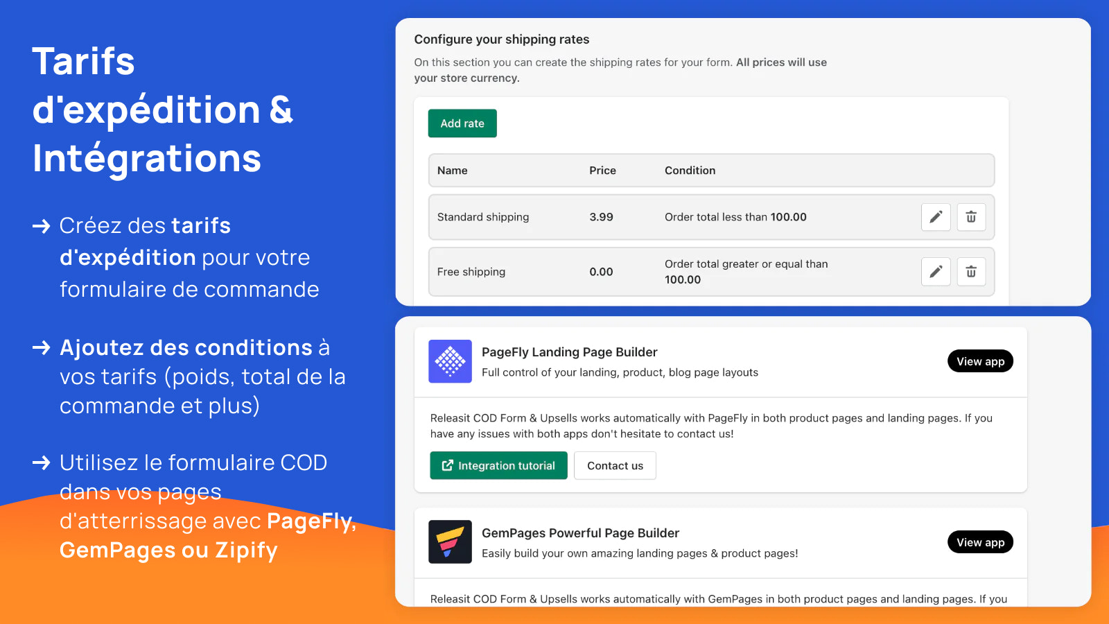 Tarifs d'expédition et intégrations pour le formulaire COD