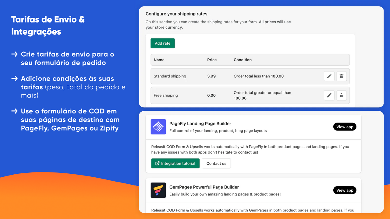 Taxas de envio e integrações para o formulário COD