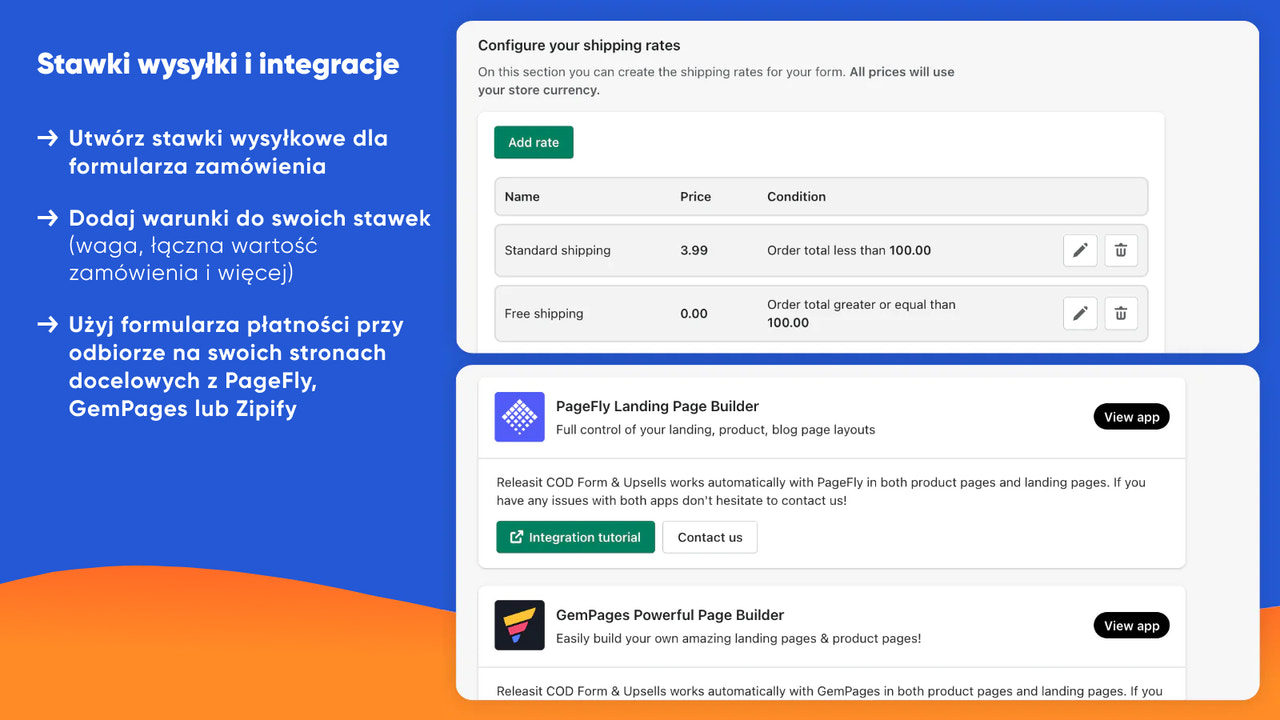 Stawki przesyłki i integracje dla formularza COD