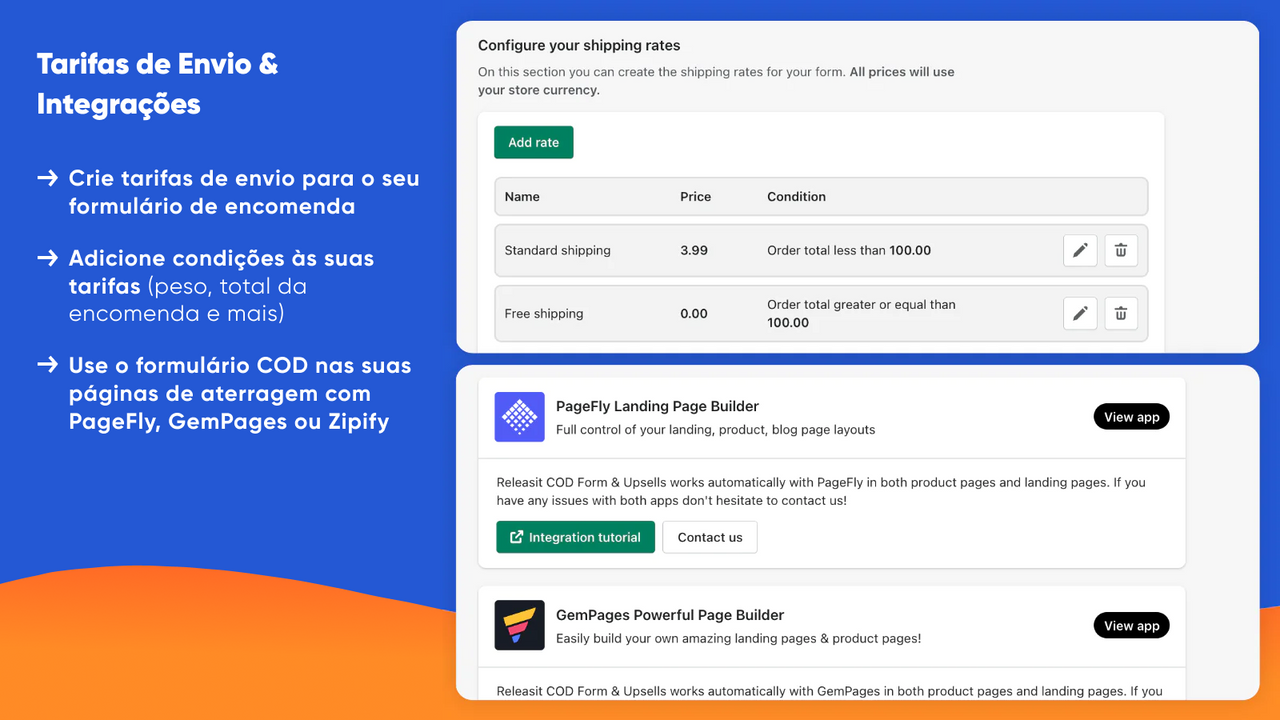 Taxas de envio e integrações para o formulário COD
