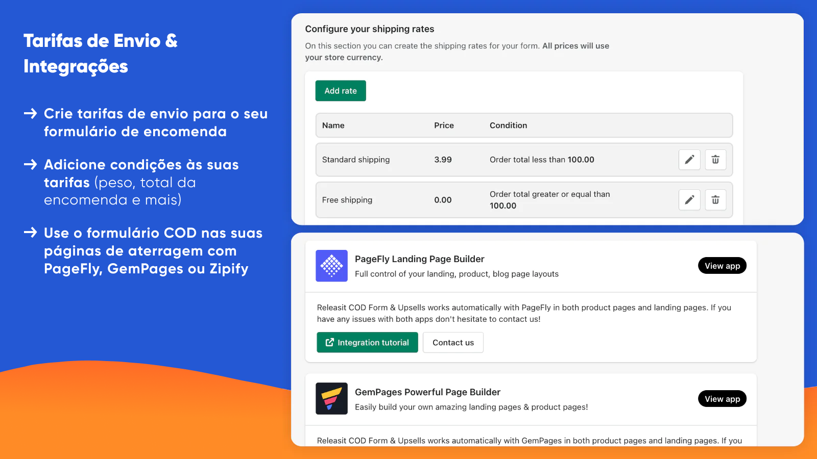 Taxas de envio e integrações para o formulário COD